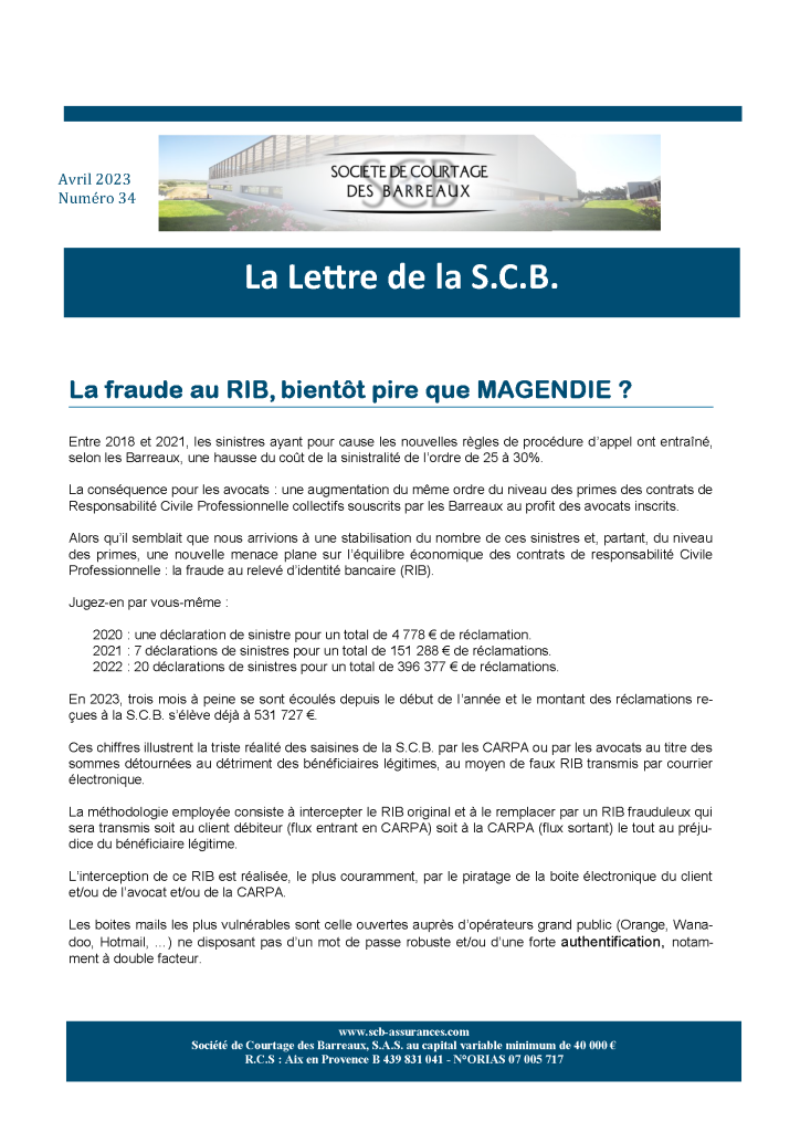 Focus "La fraude au RIB, bientôt pire que MAGENDIE?" - Lire la Lettre de la SCB n°34 d'avril 2023