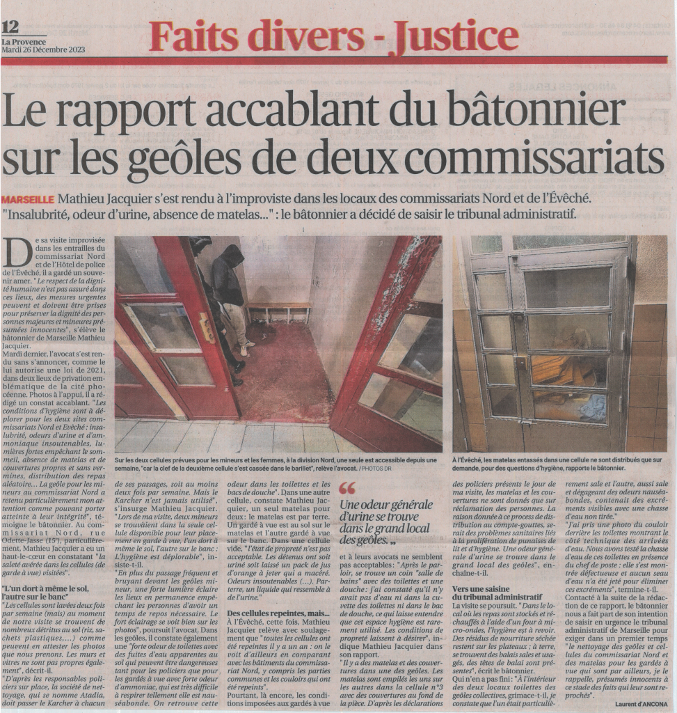 Compte-rendu de la visite du 19 décembre 2023 des géôles des commissariats Nord et Eveché par le bâtonnier Mathieu Jacquier et ordonnance en date du 29.01.2024 rendue par le juge des référés