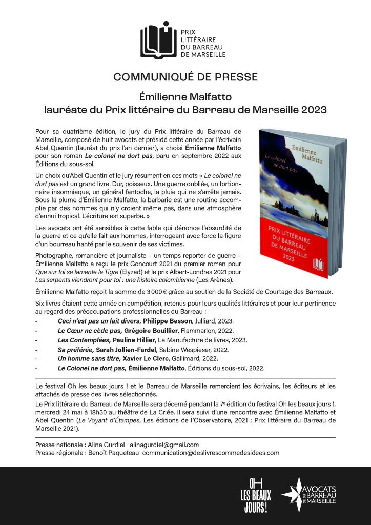 Prix littéraire du Barreau de Marseille : Emilienne Malfatto lauréate 2023